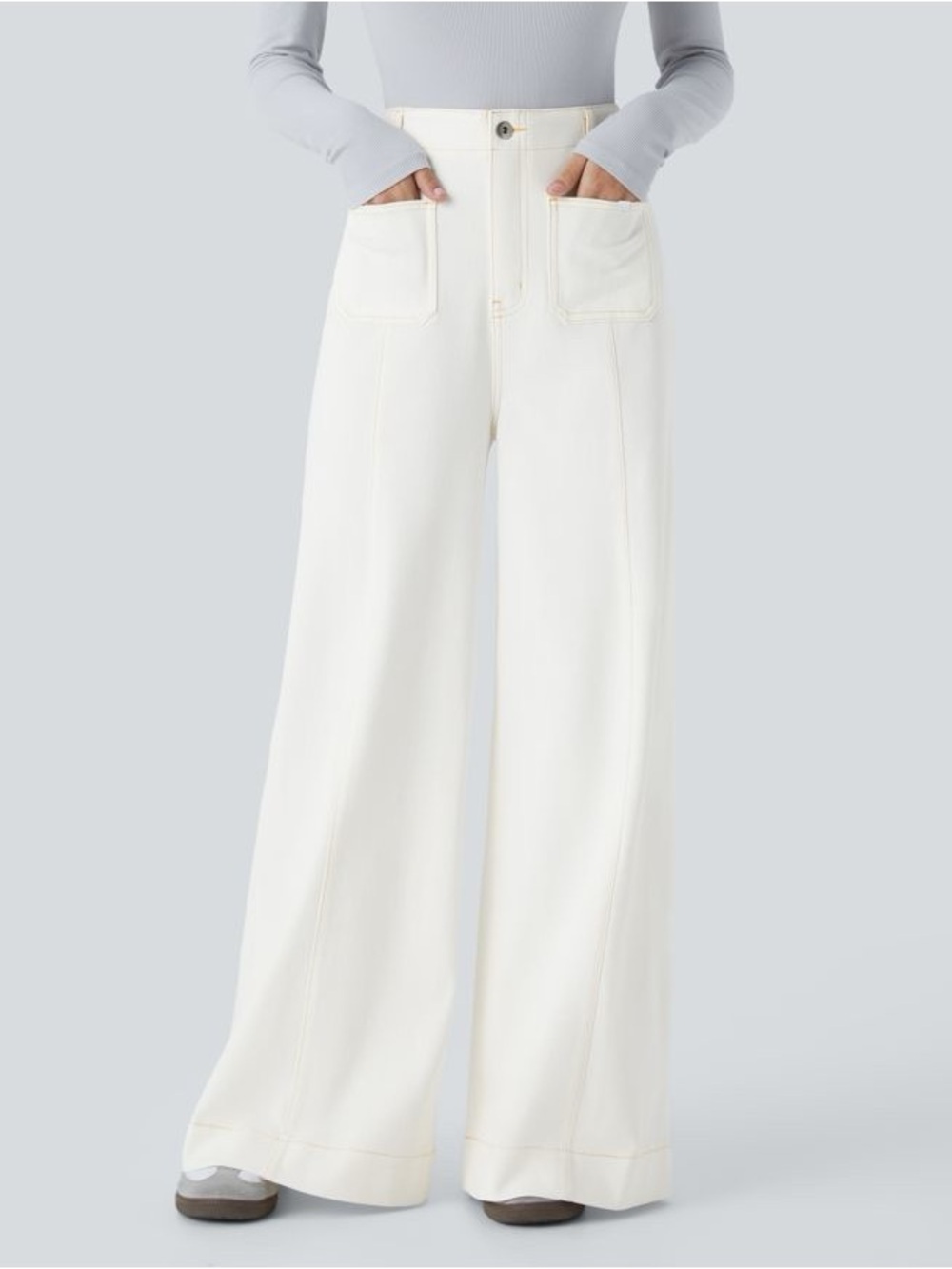 NWT Halara Flex High Waisted Pockets Washed Casual Wide Leg Jeans beige denim